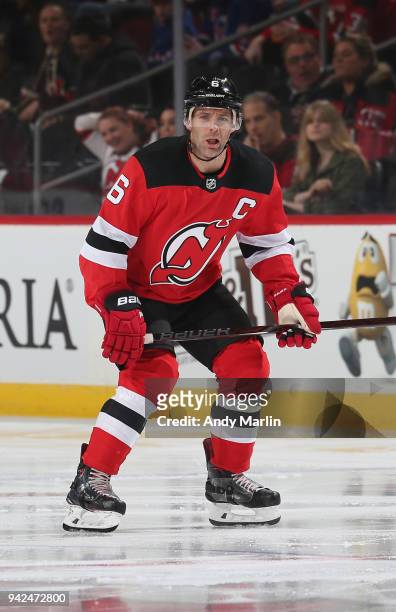 Andy Greene of the New Jersey Devils skates during the game against the New York Rangers at Prudential Center on April 3, 2018 in Newark, New Jersey.