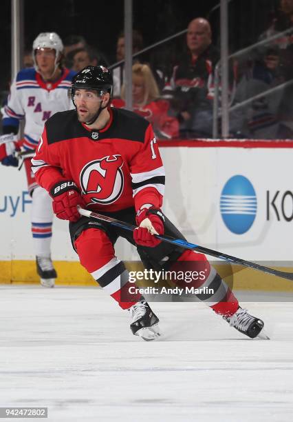 Patrick Maroon of the New Jersey Devils skates during the game against the New York Rangers at Prudential Center on April 3, 2018 in Newark, New...