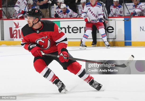 Michael Grabner of the New Jersey Devils skates during the game against the New York Rangers at Prudential Center on April 3, 2018 in Newark, New...