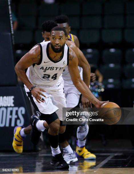 Darrun Hilliard of the Austin Spurs handles the ball against the South Bay Lakers during the Conference Finals on April 5, 2018 at H-E-B Center at...