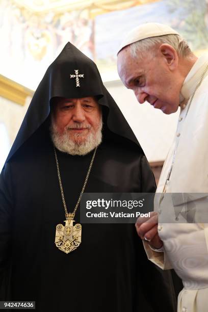 Pope Francis meets Patriarch Karekin II at the Apostolic Palace on April 5, 2018 in Vatican City, Vatican. Following the meetings, the Pope and the...