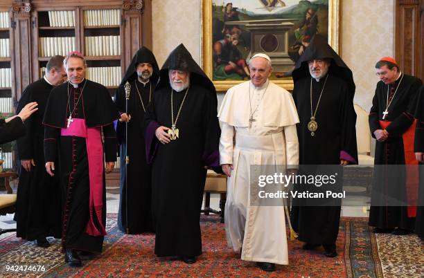 Pope Francis meets Patriarch Aram I and Patriarch Karekin II at the Apostolic Palace on April 5, 2018 in Vatican City, Vatican. Following the...