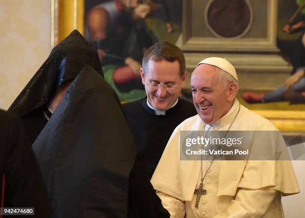 Pope Francis meets Patriarch Aram I and Patriarch Karekin II at the Apostolic Palace on April 5, 2018 in Vatican City, Vatican. Following the...