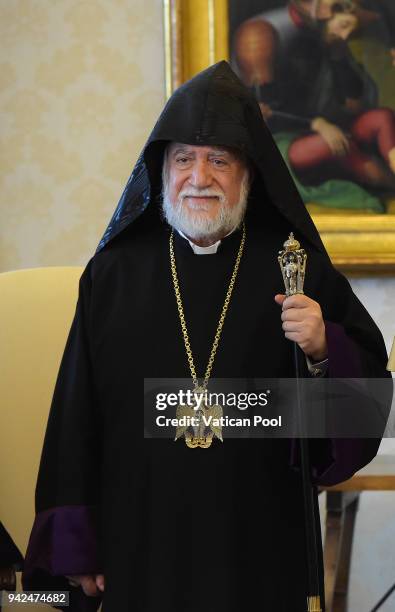 Patriarch Aram I during a meeting with Pope Francis at the Apostolic Palace on April 5, 2018 in Vatican City, Vatican. Following the meetings, the...