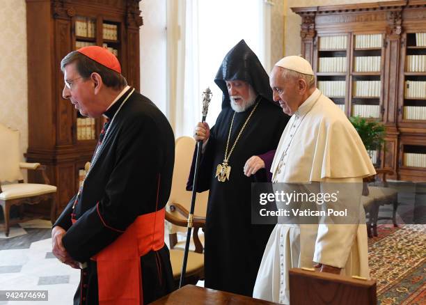 Pope Francis meets Patriarch Aram I at the Apostolic Palace on April 5, 2018 in Vatican City, Vatican. Following the meetings, the Pope and the...