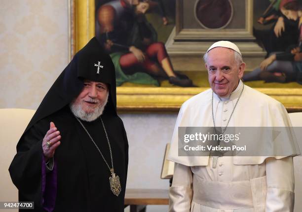 Pope Francis meets Patriarch Karekin II at the Apostolic Palace on April 5, 2018 in Vatican City, Vatican. Following the meetings, the Pope and the...