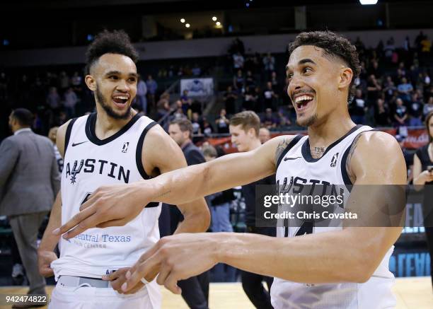 Derrick White and Nick Johnson of the Austin Spurs celebrate a win against the South Bay Lakers during the Conference Finals on April 5, 2018 at...