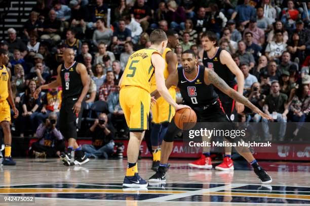 David Stockton of the Utah Jazz handles the ball during the game against the LA Clippers on April 5, 2018 at vivint.SmartHome Arena in Salt Lake...