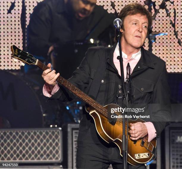 Paul McCartney performs on stage playing a Hofner 500/1 bass guitar at the Gelredome on December 9, 2009 in Arnhem, Netherlands.