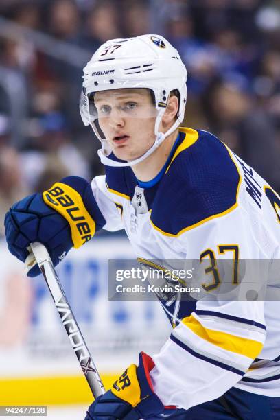 Casey Mittelstadt of the Buffalo Sabres skates against the Toronto Maple Leafs during the first period at the Air Canada Centre on April 2, 2018 in...