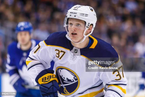 Casey Mittelstadt of the Buffalo Sabresn skates against the Toronto Maple Leafs during the third period at the Air Canada Centre on April 2, 2018 in...