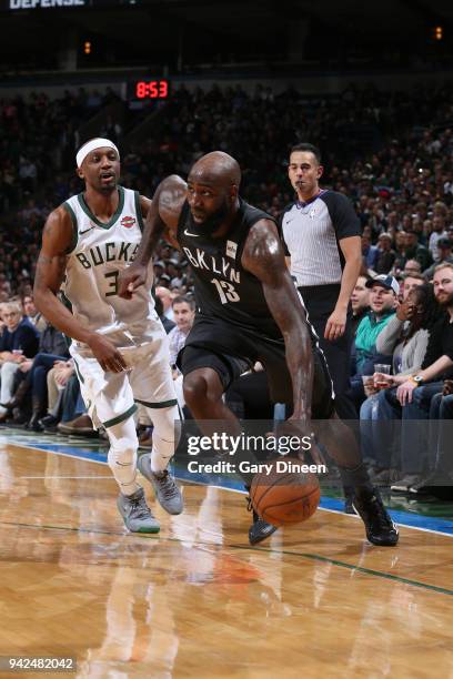 Quincy Acy of the Brooklyn Nets handles the ball against the Milwaukee Bucks on April 5, 2018 at the BMO Harris Bradley Center in Milwaukee,...