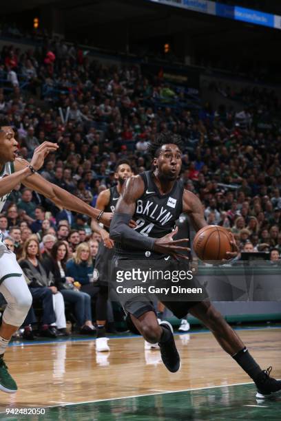 Rondae Hollis-Jefferson of the Brooklyn Nets handles the ball against the Milwaukee Bucks on April 5, 2018 at the BMO Harris Bradley Center in...
