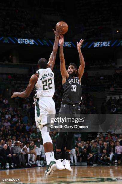 Allen Crabbe of the Brooklyn Nets shoots the ball against the Milwaukee Bucks on April 5, 2018 at the BMO Harris Bradley Center in Milwaukee,...