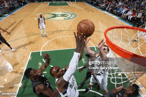 Shabazz Muhammad of the Milwaukee Bucks dunks against the Brooklyn Nets on April 5, 2018 at the BMO Harris Bradley Center in Milwaukee, Wisconsin....