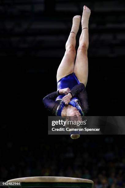Cara Kennedy of Scotland competes in the vault during the Gymnastics Artistic Women's Team Final and Individual Qualification on day two of the Gold...