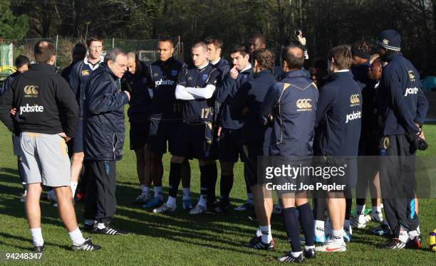 Manager, Avram Grant speaks with the players during a Portsmouth FC training session at their Eastleigh training ground on December 10, 2009 in...