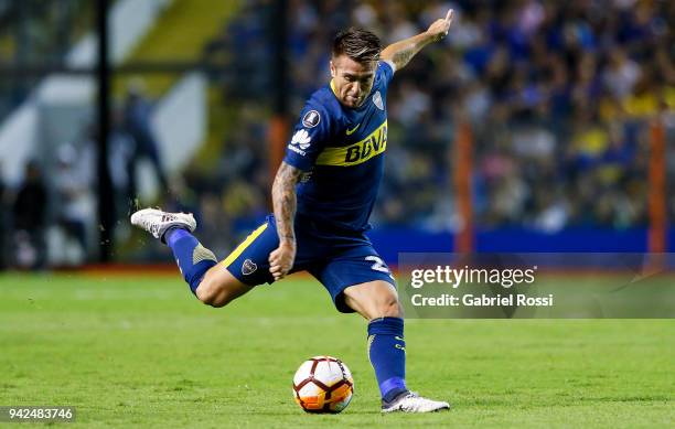 Julio Buffarini of Boca Juniors kicks the ball during a group phase match between Boca Juniors and Junior as part of the Copa CONMEBOL Libertadores...