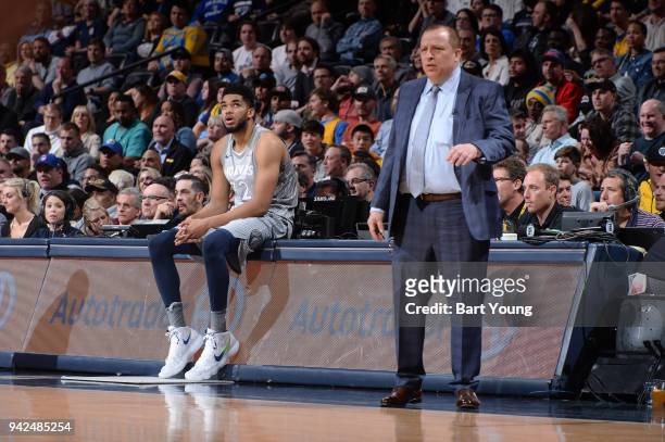 Tom Thibodeau and Karl-Anthony Towns of the Minnesota Timberwolves look on during the game against the Denver Nuggets on April 5, 2018 at the Pepsi...
