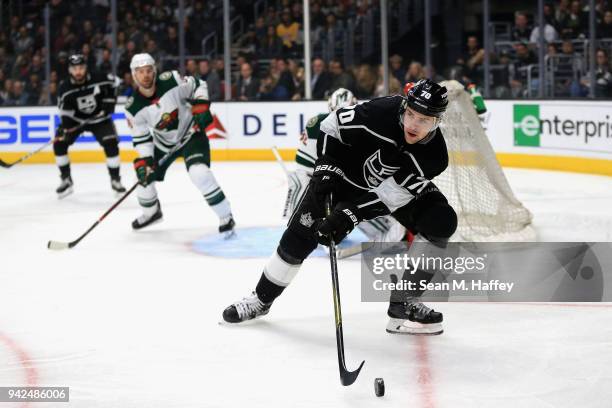 Tanner Pearson of the Los Angeles Kings skates with the puck during the second period of a game against the Minnesota Wild at Staples Center on April...