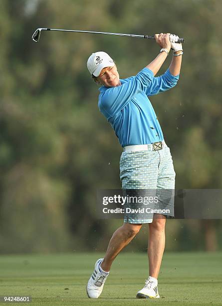 Catriona Matthew of Scotland plays her second shot at the 18th hole during the second round of the Dubai Ladies Masters, on the Majilis Course at the...