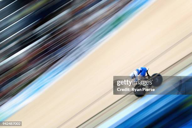 Katie Archibald of Scotland sets a games recond in the Women's 3000m Individual Pursuit Qualifying during the Cycling on day two of the Gold Coast...