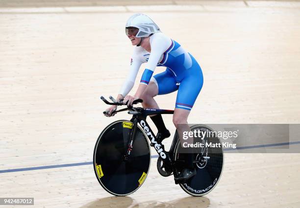 Katie Archibald of Scotland sets a games recond in the Women's 3000m Individual Pursuit Qualifying during the Cycling on day two of the Gold Coast...