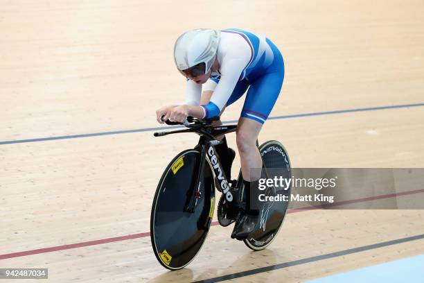 Katie Archibald of Scotland sets a games recond in the Women's 3000m Individual Pursuit Qualifying during the Cycling on day two of the Gold Coast...