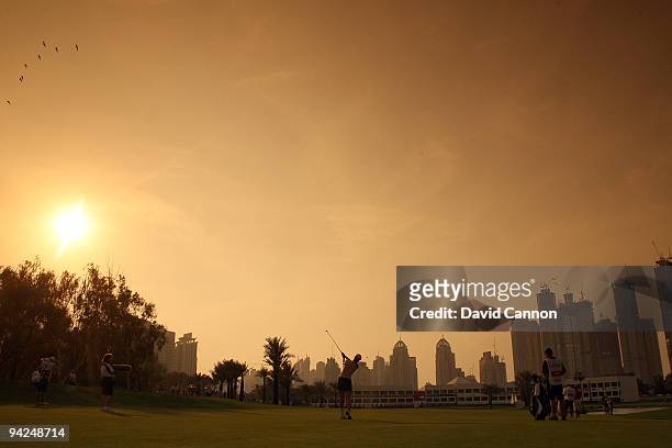Michelle Wie of the USA plays her second shot at the 18th hole during the second round of the Dubai Ladies Masters, on the Majilis Course at the...