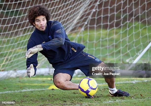 David James makes a save during a Portsmouth FC training session at their Eastleigh training ground on December 10, 2009 in Eastleigh, England.