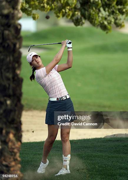 Michelle Wie of the USA plays her second shot at the 16th hole during the second round of the Dubai Ladies Masters, on the Majilis Course at the...