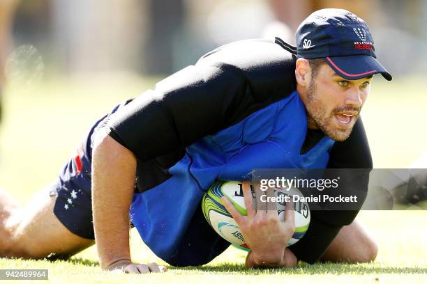 Tom English of the Rebels in action during a Melbourne Rebels Super Rugby training session at Goschs Paddock on April 6, 2018 in Melbourne, Australia.