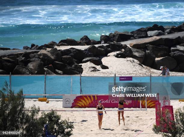 Scotland's Lynne Beattie and Melissa Coutts practice ahead of their preliminary women's beach volleyball match against Grenada at the 2018 Gold Coast...
