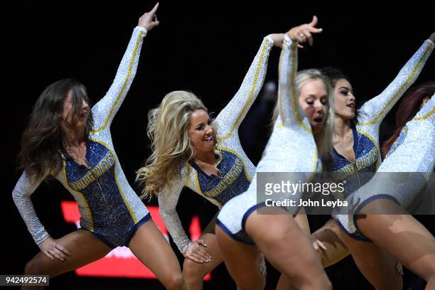 Denver Nuggets dancers perform during a timeout during the game against the Minnesota Timberwolves on April 5, 2018 at Pepsi Center.
