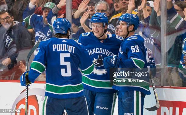 Jake Virtanen of the Vancouver Canucks celebrates with teammates Derrick Pouliot and Bo Horvat after scoring a goal against the Arizona Coyotes in...