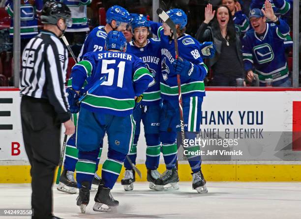 Brendan Leipsic of the Vancouver Canucks is congratulated by teammates after scoring during their NHL game against the Arizona Coyotes at Rogers...