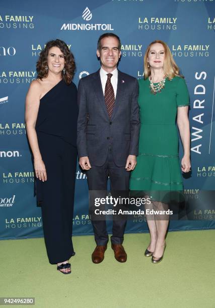 President and CEO of LA Family Housing Stephanie Klasky-Gamer, Los Angeles Mayor Eric Garcetti and the First Lady of Los Angeles Amy Elaine Wakeland...