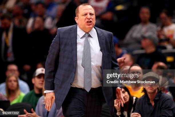 Head coach Tom Thibodeau of the Minnesota Timberwolves watches as his team plays the Denver Nuggets at the Pepsi Center on April 5, 2018 in Denver,...