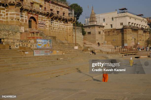 General view of Mahanirvani Ghat on the banks of Ganga River on January 29, 2018 in Varanasi, India. Varanasi is a major religious hub in India, it...