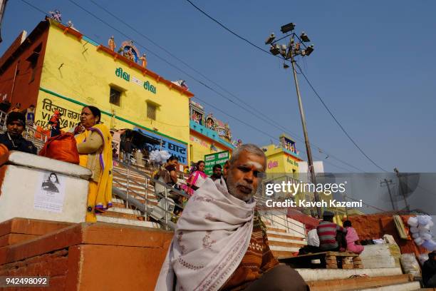 Hindu pilgrims seen on the stairs of Vijayanagaram Ghat facing the Ganga River on January 29, 2018 in Varanasi, India. Vijayanagaram Ghat was named...