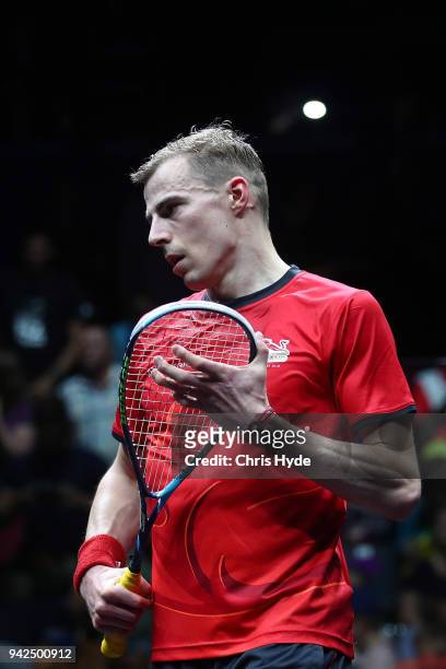 Nick Matthew of England looks on in his match against Vikram Malhotra of India in the Squash Mens Singles match on day two of the Gold Coast 2018...