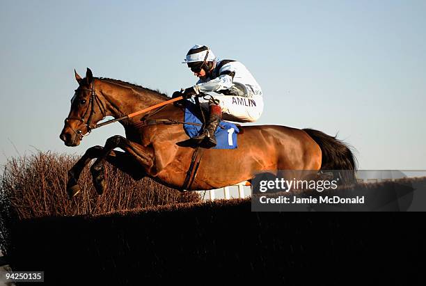 Calusa Crystal ridden by Richard Johnson jumps the ditch during the Mares Novices Steeple Chase run at Huntingdon Racecourse on December 10, 2009 in...