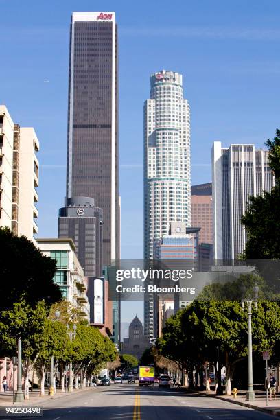 The AON Center building, left, and U.S. Bank Tower, stand along the skyline of Los Angeles, California, U.S., on Tuesday, Dec. 1, 2009. Los Angeles...