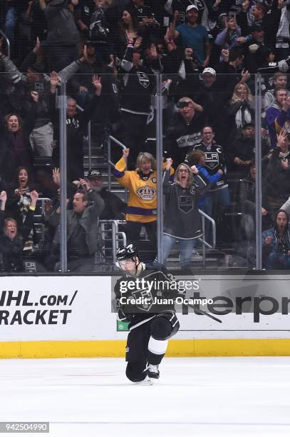 Dustin Brown of the Los Angeles Kings celebrates after scoring the game-winning goal in overtime against the Minnesota Wild at STAPLES Center on...