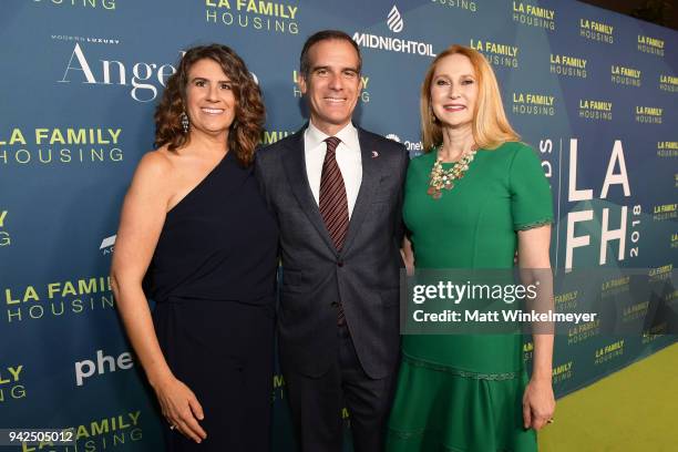 Stephanie Klasky-Gamer, Mayor of Los Angeles, Eric Garcetti and Amy Elaine Wakeland attends the 2018 LA Family Housing Awards at The Lot in West...