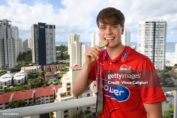 Tom Hamer of England poses with his Gold Medal at the Team England Hotel in Main Beach on day two of the 2018 Commonwealth Games on April 6, 2018 on...