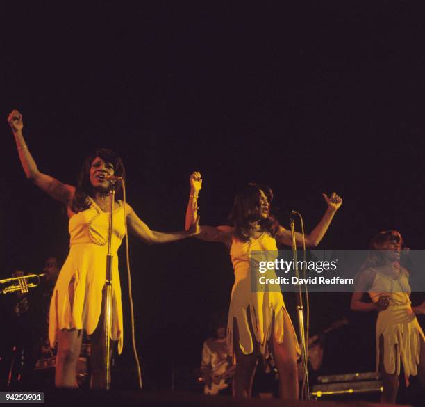 Backing singers and dancers The Ikettes perform on stage with the Ike & Tina Turner Revue at the Hammersmith Odeon in London on 24th October 1975.