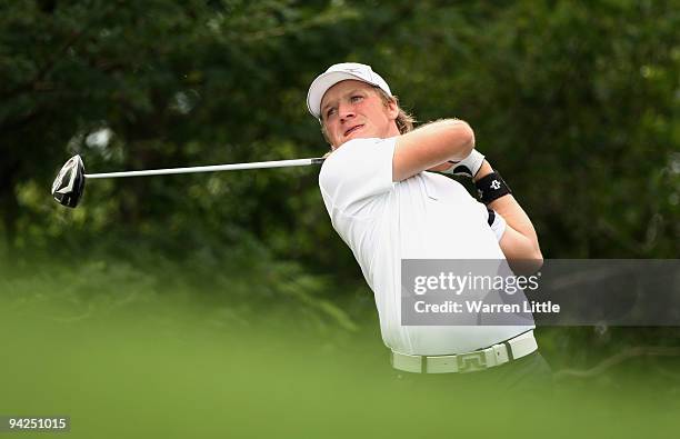 Pelle Edberg of Sweden tees off on the 18th hole during the first round of the Alfred Dunhill Championship at Leopard Creek Country Club on December...