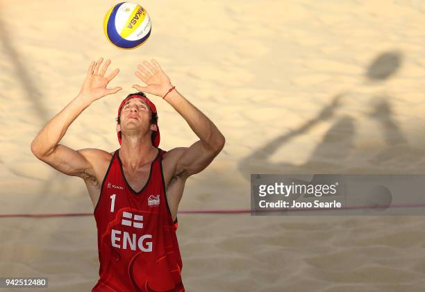 Chris Gregory of England competes during the Beach Volleyball Preliminary - Pool C match Between Carlos Acacio and Delcio Soares of Mozambique and...