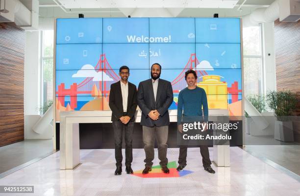 Crown Prince of Saudi Arabia Mohammed bin Salman Al Saud poses for a photo with one of the Google co-founders Sergey Brin and Google CEO Sundar...